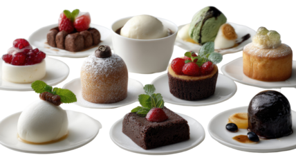 Delicious gourmet chocolate mousse cake with fresh strawberries and red berries served as a sweet sliced dessert on a white plate for a healthy breakfast buffet meal