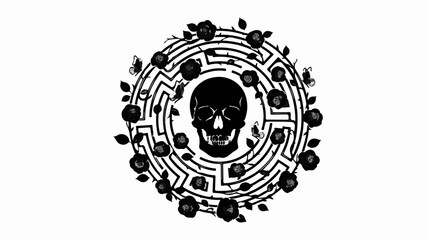 Macabre maze surrounds a skull with dark roses and butterflies, a symbol of mystery and mortality