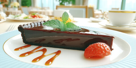 Dark chocolate tart glossy ganache with mint and strawberry garnish, elegant plated dessert