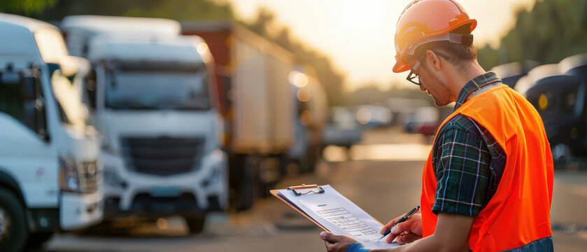 Logistics worker wearing safety vest and helmet inspecting delivery truck with clipboard. Concept of transport control, vehicle inspection, fleet management and logistics operations. - Powered by Adobe