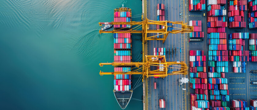Aerial top view of container ship docked at cargo port with cranes loading colorful containers. Concept of global trade, shipping logistics, maritime transport and supply chain operations.