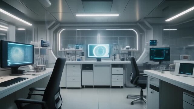 Futuristic scientific laboratory workspace with high-tech monitors.