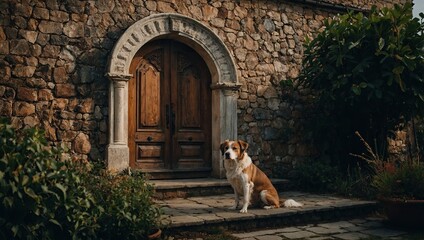 Loyal dog sitting by rustic stone doorway. Brown and white dog guarding old wooden arched door. Calm dog resting in front of historic stone house entrance.