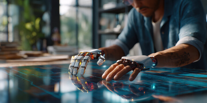 Robotic prosthetic hands touchscreen interface futuristic craftsperson focused workshop - Powered by Adobe