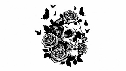 Gothic skull adorned with dark roses and fluttering butterflies, a symbol of beauty and mortality.