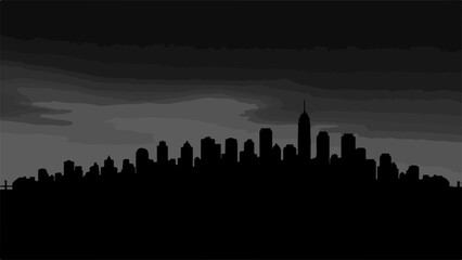 Dramatic city skyline silhouette against a stormy, dark sky