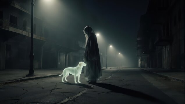 Figure in long robes with glowing dog stands in a deserted, eerie street at night - Powered by Adobe