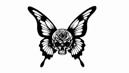 Intricate skull and rose design with butterfly wings, symbolizing transformation and mortality.