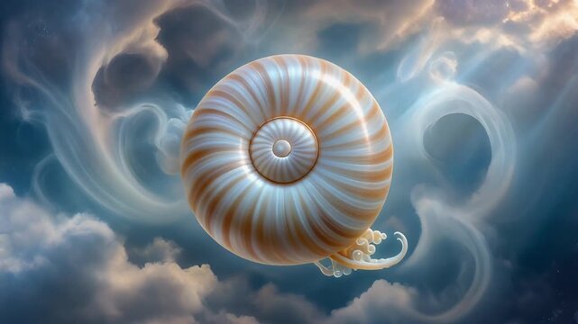 A majestic spiraled nautilus shell floats gracefully amidst ethereal clouds in a serene blue sky, showcasing intricate natural patterns.