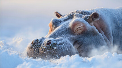 A sleeping hippopotamus head covered in snow, a close-up wildlife portrait with warm sunlight, a peaceful winter nature concept, a large mammal resting.