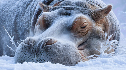 A hippopotamus resting in deep snow close-up, a wild animal head with frost on skin, a cold winter nature scene, a detailed large mammal portrait.