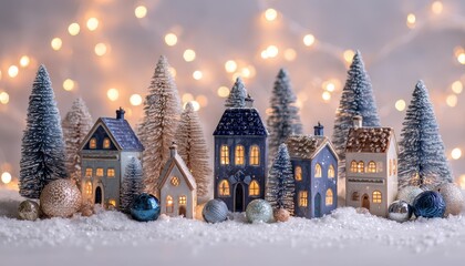 Miniature ceramic houses and bottle brush trees rest in sparkling white snow beneath warm festive lights