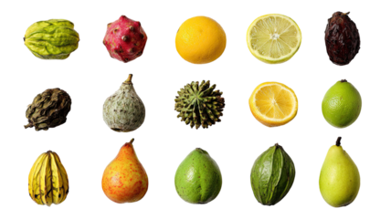 exotic citrus fruits assorted whole and sliced including lemon lime orange pear selection on white background