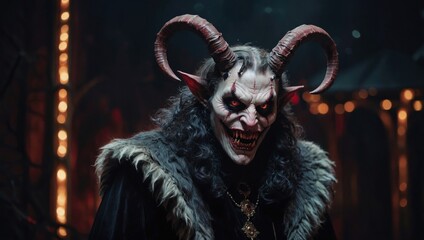 Terrifying horned demon with glowing red eyes in dark carnival. Sinister Krampus‑like creature baring fangs in eerie forest lights. Demonic horned monster portrait with bloodied face and fur cloak.