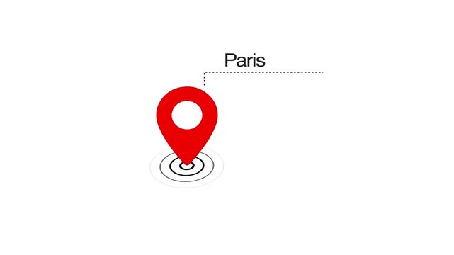 Paris GPS Map pin Location Animation with Digital Navigation Pointer on transparent background. Paris map label with location pin symbol. Paris city map with destination location concept
