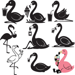 Cute Flamingo Cartoon Characters Drinking and Eating Ice Cream Set