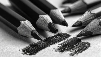 Close-up monochrome photo shows sharpened pencils with dark graphite marks on textured paper, highlighting detail