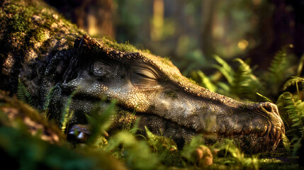 A sleeping Spinosaurus dinosaur in a prehistoric forest, a large carnivore resting on mossy ground, an ancient wildlife concept, a detailed summer nature scene.