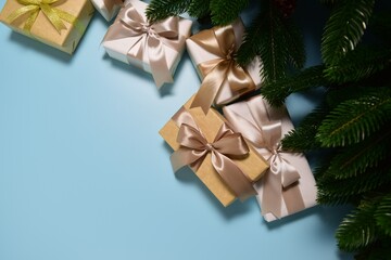 Gift boxes lie under the branches of a Christmas tree on a blue background