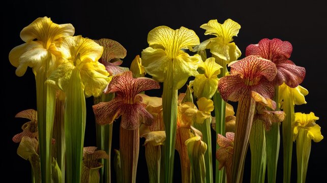 Close-up of several vibrant pitcher plants against a stark black background, showcasing their colorful blooms