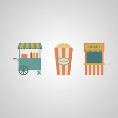 Carnival Stall Vector Set &ndash; Popcorn Box, Street Food Cart and Ticket Counter in Flat Style