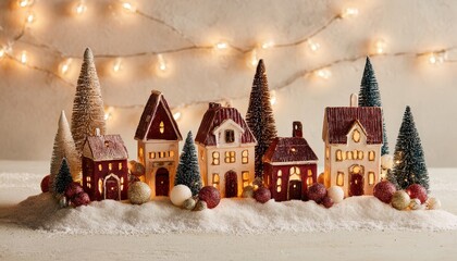 Ceramic illuminated miniature houses and bottle brush trees create a festive winter village scene with glowing background lights