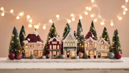 Miniature illuminated ceramic houses and bottle brush trees sit upon a bed of artificial snow with glowing background lights