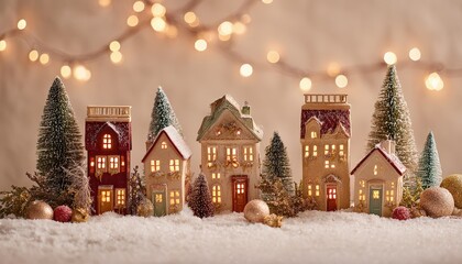 Miniature illuminated village houses rest upon a blanket of white artificial snow beneath twinkling background lights