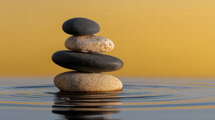 Therapeutic meditation content forest stream with balanced stones creating calm and peaceful atmosphere for relaxation