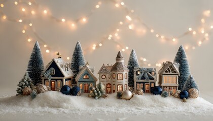 Miniature illuminated village sits nestled in a snowy landscape under warm string lights