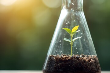 Small green plant growing in a laboratory flask representing biotechnology and sustainable science.