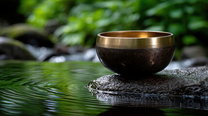 Therapeutic meditation content with metal bowl by stream in forest nature for peaceful and calming relaxation