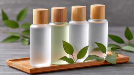 Vegan hair products for men and women displayed in frosted bottles with wooden caps on wooden tray with green leaves