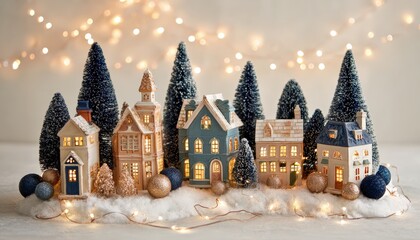 Illuminated miniature village scene displays festive holiday cheer amidst glowing lights and snowy ground cover