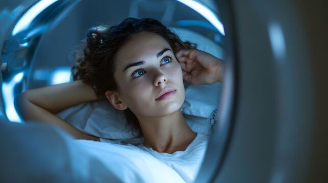 Young Woman Undergoing Medical Scan in Futuristic MRI Machine.