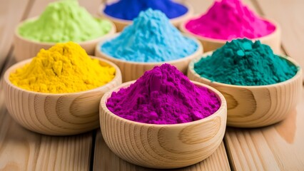 Vibrant holi color powders in wooden bowls