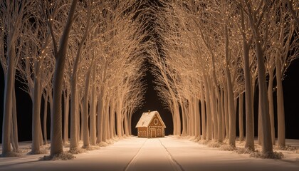 Illuminated bare trees line a snowy path leading toward a small edible confectionary dwelling