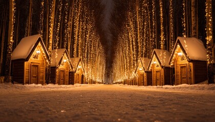 Wooden cabins line a snow-covered path illuminated by strings of warm lights in a dark forest setting.