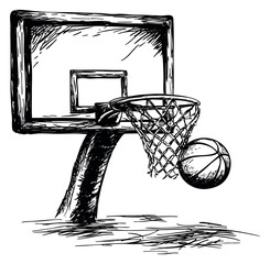 Fototapeta premium Basketball hoop and ball collection with net hand drawn sketch