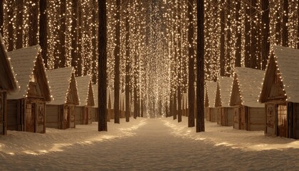 Wooden winter huts line a snowy path beneath a canopy of glowing string lights in a dense forest.