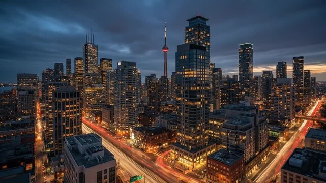 Toronto at Night Captivating Aerial Views of City Skyline and Traffic with CN Tower