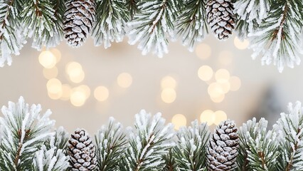 Snowy pine branches with pinecones on a warm festive background