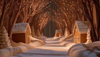 Sweet edible houses line a snow-covered path beneath illuminated bare branches