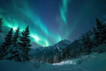 Brilliant green auroras illuminate a starry night sky above snowy mountain peaks and evergreen trees