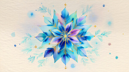 Geometric watercolor snowflake with gold outlines and pine branches, teal and blue winter illustration, stylized Christmas design element on white background.