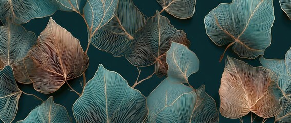 Detailed graphic illustration of overlapping teal and bronze leaves on a deep teal background