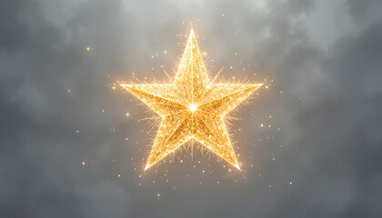 Golden star shining brightly in dark cloudy sky with sparks
