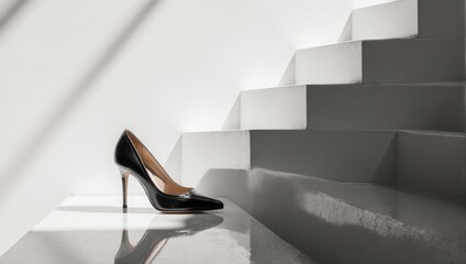 Elegant Black High Heel on Modern Staircase with Light and Shadow.
