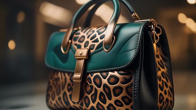 Luxury Leopard Print Handbag Teal Gold Accents Fashion Accessory