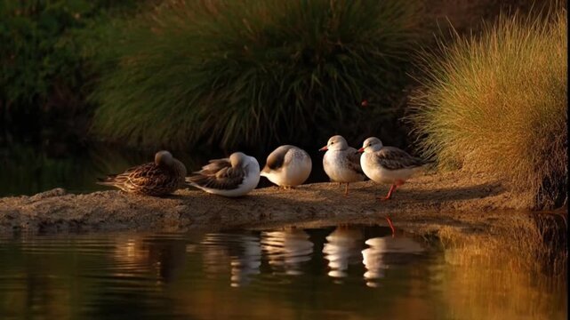 A tranquil natural scene captures a small group of wild birds peacefully resting on a sandy bank beside a calm body of water. The warm, golden light of dawn or dusk illuminates the scene, creating bea